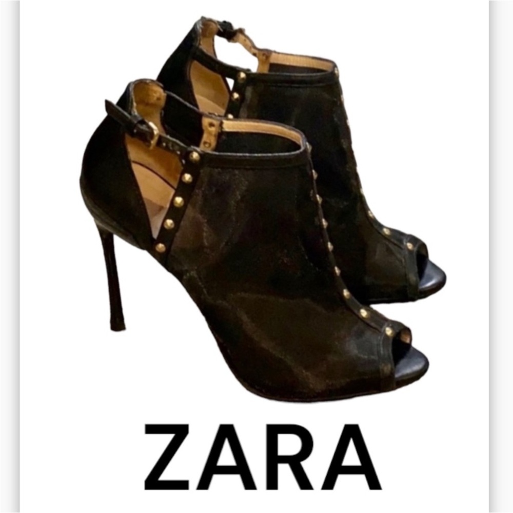 Authentic Zara designer Black leather & studded mesh heels open toe Sz 6